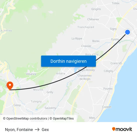 Nyon, Fontaine to Gex map
