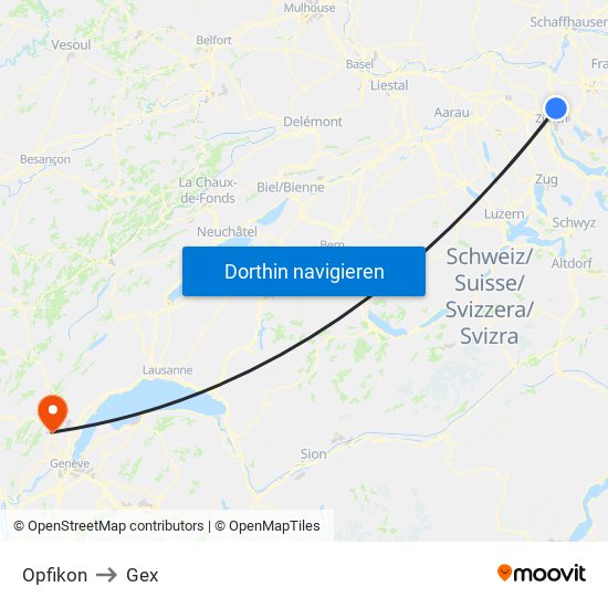 Opfikon to Gex map