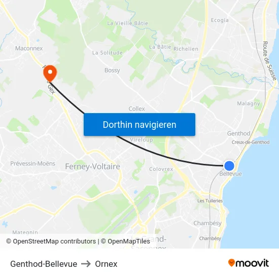 Genthod-Bellevue to Ornex map