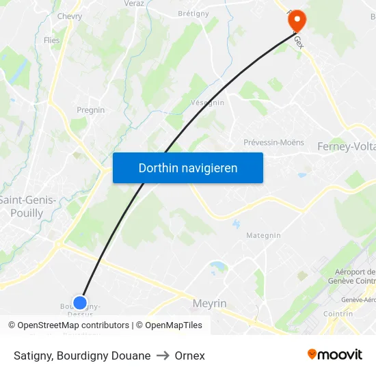 Satigny, Bourdigny Douane to Ornex map