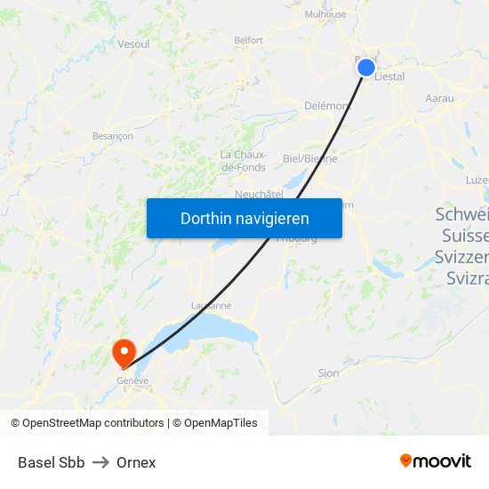 Basel Sbb to Ornex map