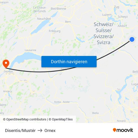 Disentis/Mustér to Ornex map