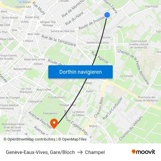 Genève-Eaux-Vives, Gare/Bloch to Champel map