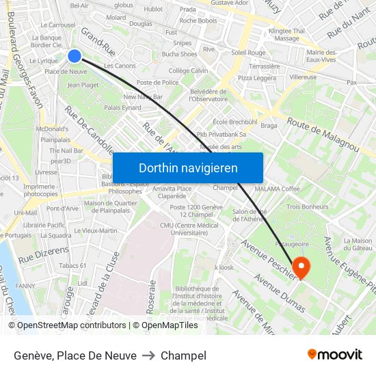 Genève, Place De Neuve to Champel map