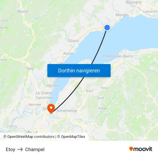 Etoy to Champel map