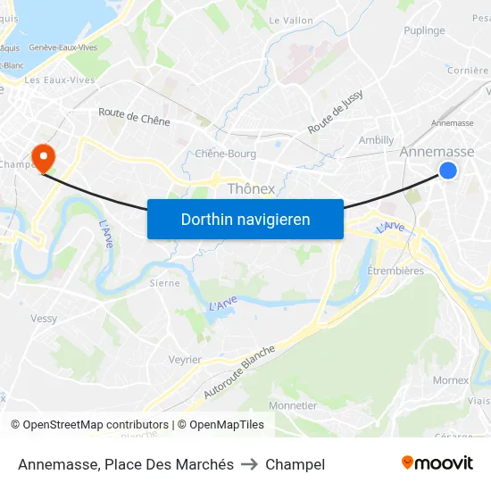 Annemasse, Place Des Marchés to Champel map