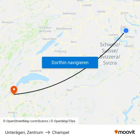 Unterägeri, Zentrum to Champel map