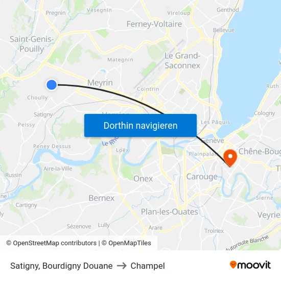 Satigny, Bourdigny Douane to Champel map