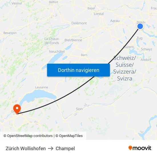 Zürich Wollishofen to Champel map