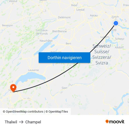 Thalwil to Champel map