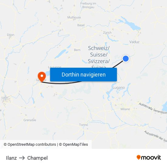 Ilanz to Champel map