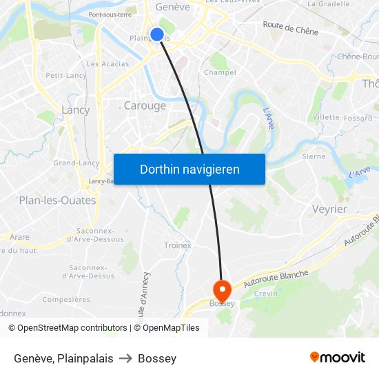 Genève, Plainpalais to Bossey map