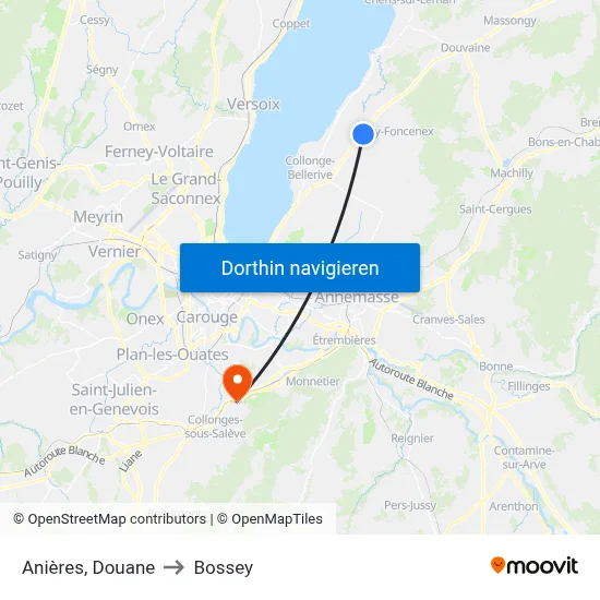 Anières, Douane to Bossey map