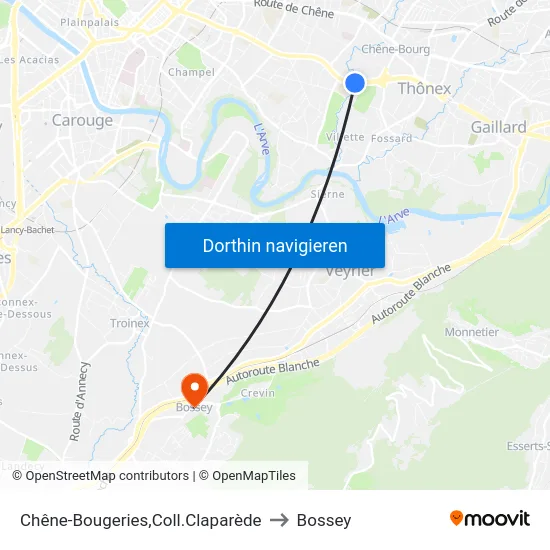 Chêne-Bougeries,Coll.Claparède to Bossey map