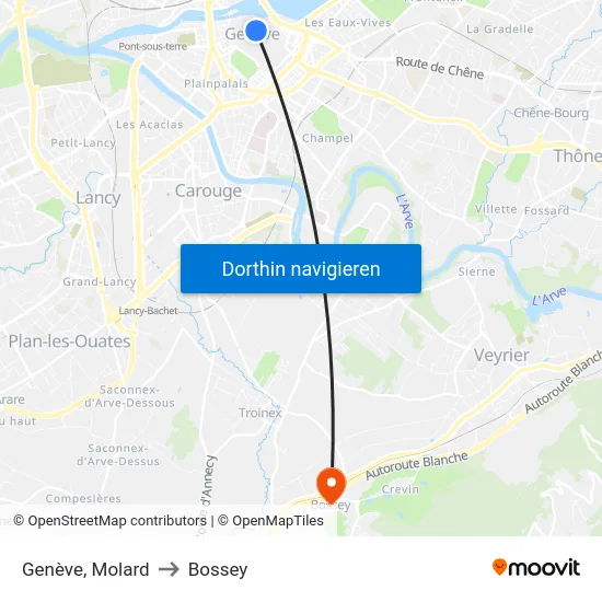 Genève, Molard to Bossey map