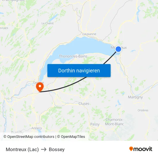 Montreux (Lac) to Bossey map