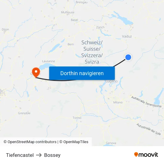 Tiefencastel to Bossey map