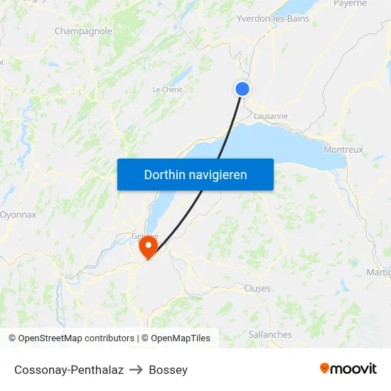 Cossonay-Penthalaz to Bossey map