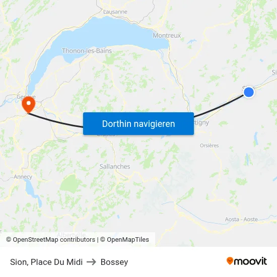 Sion, Place Du Midi to Bossey map