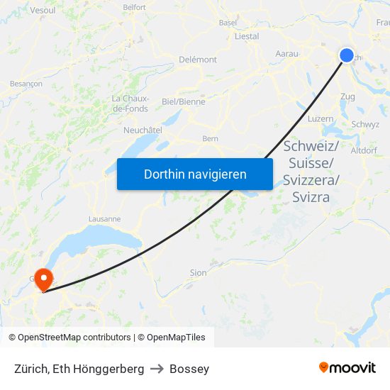 Zürich, Eth Hönggerberg to Bossey map