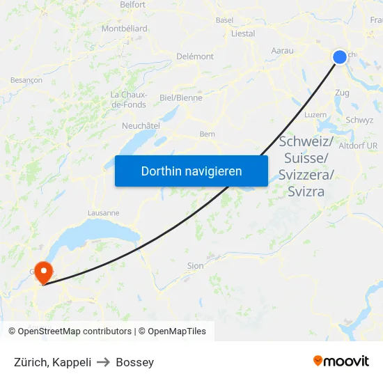 Zürich, Kappeli to Bossey map