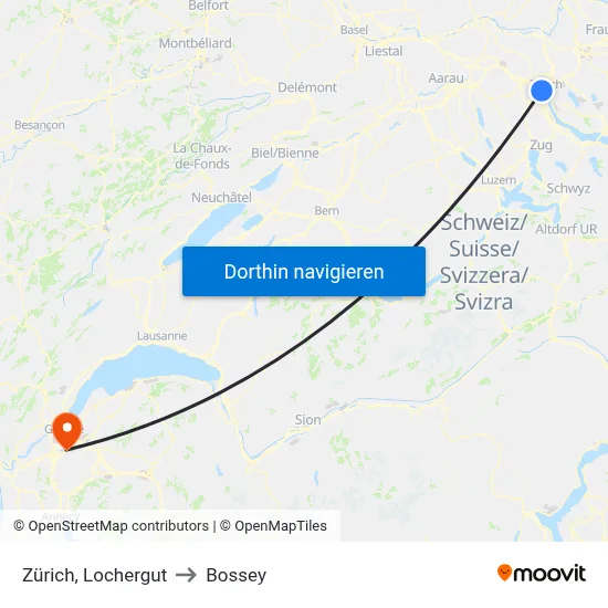 Zürich, Lochergut to Bossey map