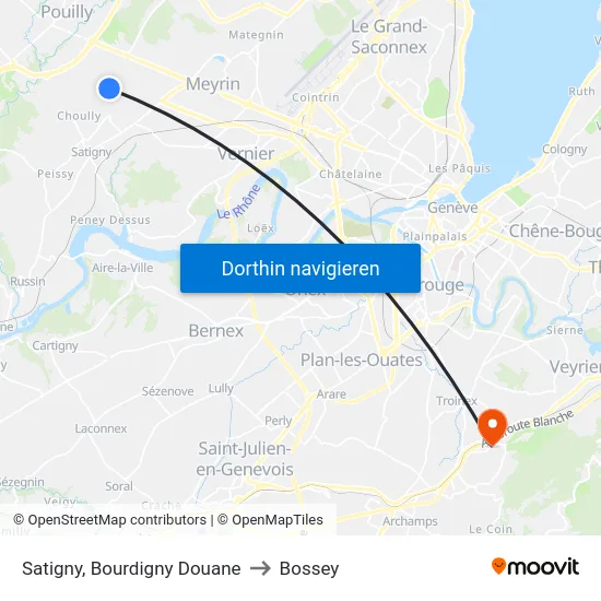 Satigny, Bourdigny Douane to Bossey map