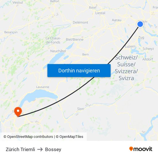 Zürich Triemli to Bossey map