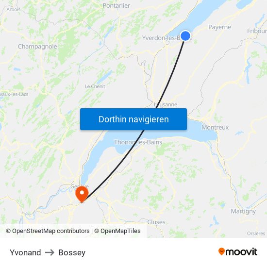 Yvonand to Bossey map