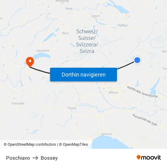 Poschiavo to Bossey map