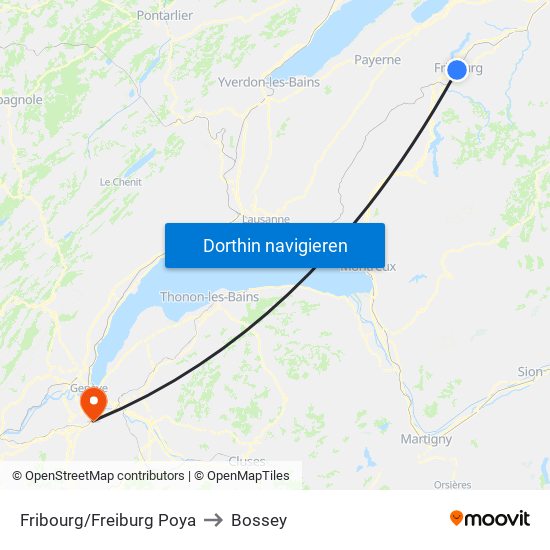 Fribourg/Freiburg Poya to Bossey map