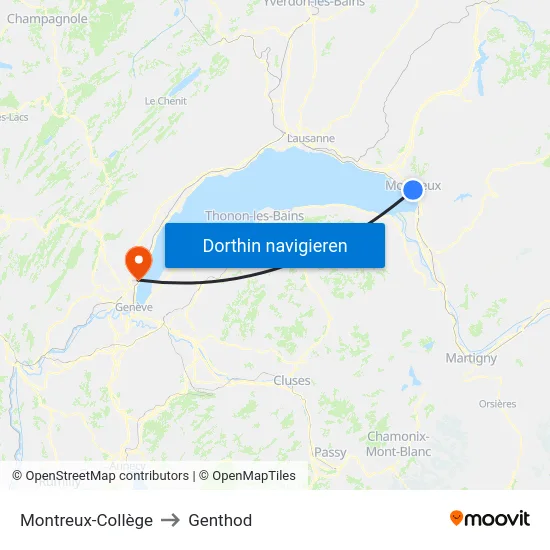 Montreux-Collège to Genthod map