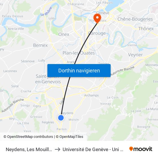 Neydens, Les Mouilles to Université De Genève - Uni Mail map