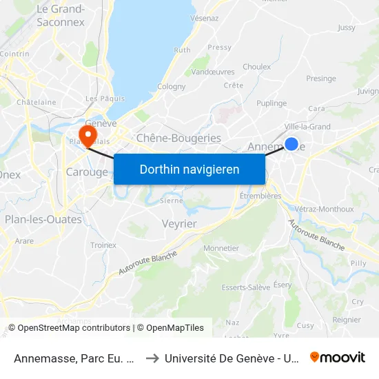 Annemasse, Parc Eu. Maître to Université De Genève - Uni Mail map