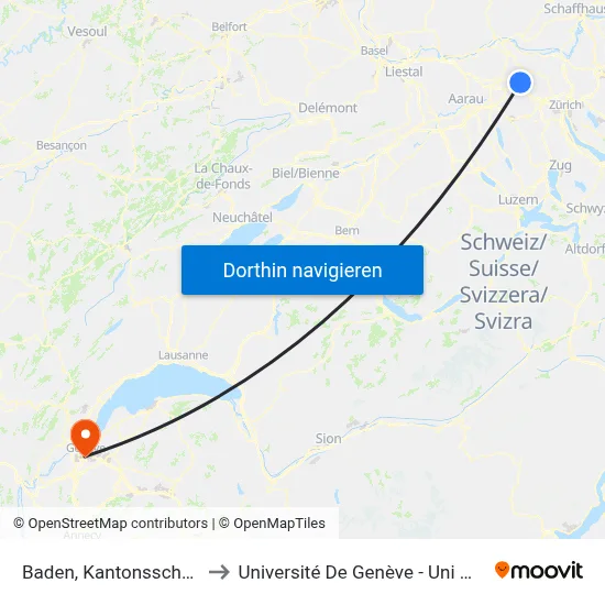 Baden, Kantonsschule to Université De Genève - Uni Mail map