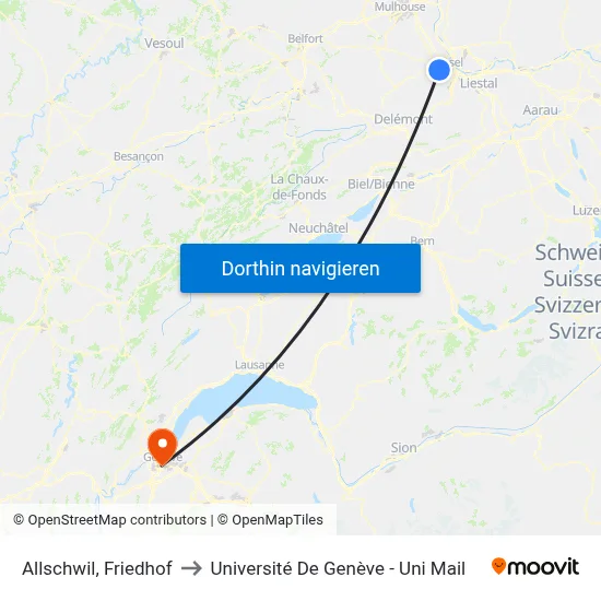 Allschwil, Friedhof to Université De Genève - Uni Mail map