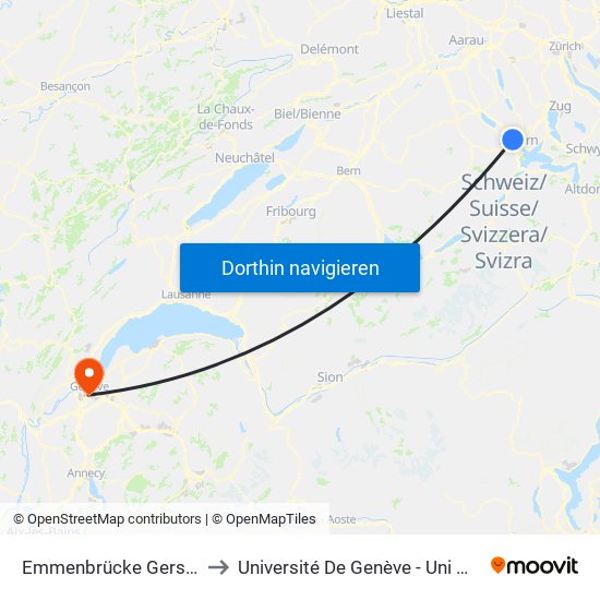 Emmenbrücke Gersag to Université De Genève - Uni Mail map