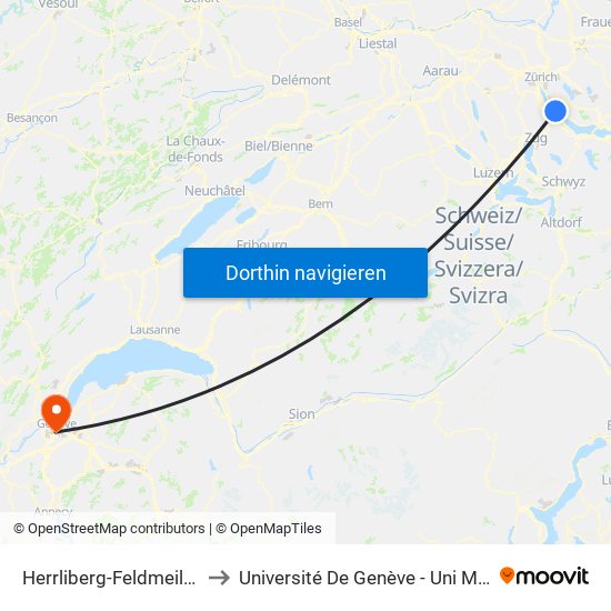 Herrliberg-Feldmeilen to Université De Genève - Uni Mail map