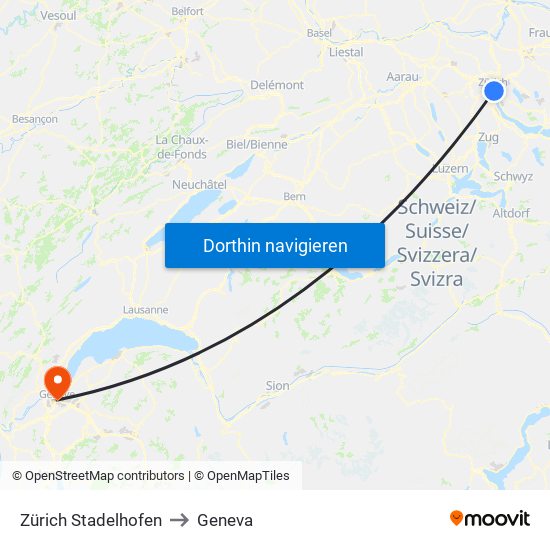 Zürich Stadelhofen to Geneva map