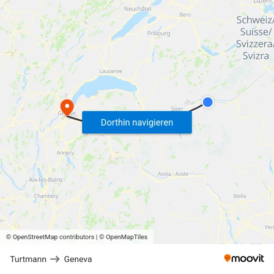 Turtmann to Geneva map
