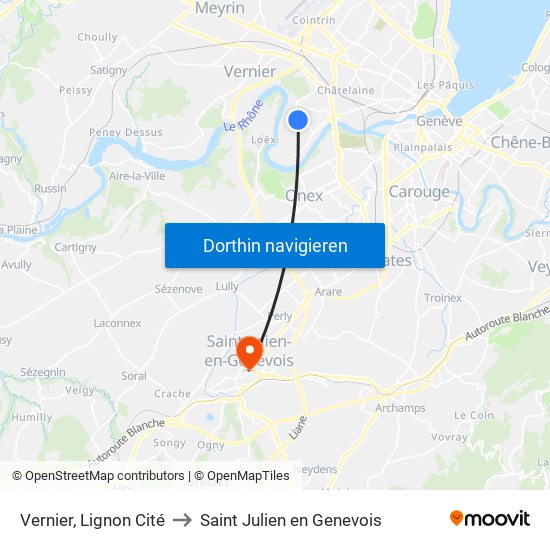 Vernier, Lignon Cité to Saint Julien en Genevois map