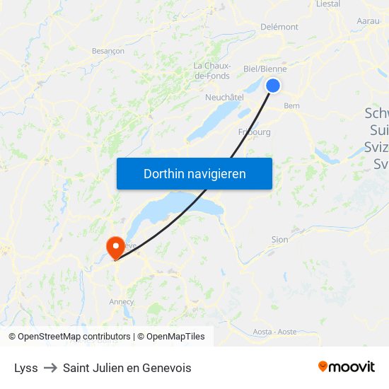 Lyss to Saint Julien en Genevois map