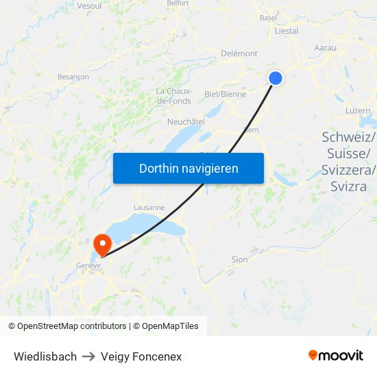 Wiedlisbach to Veigy Foncenex map