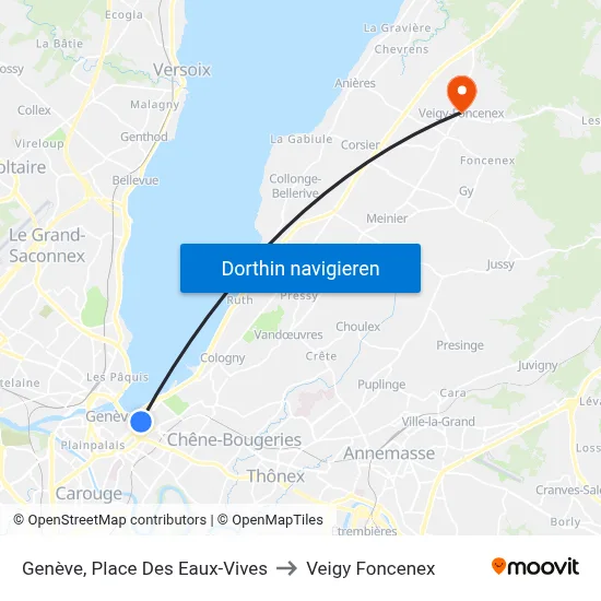 Genève, Place Des Eaux-Vives to Veigy Foncenex map