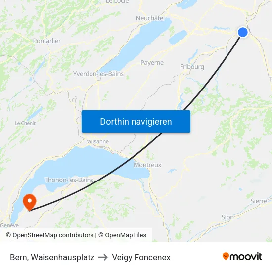 Bern, Waisenhausplatz to Veigy Foncenex map
