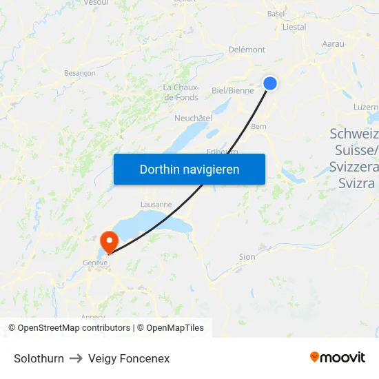 Solothurn to Veigy Foncenex map