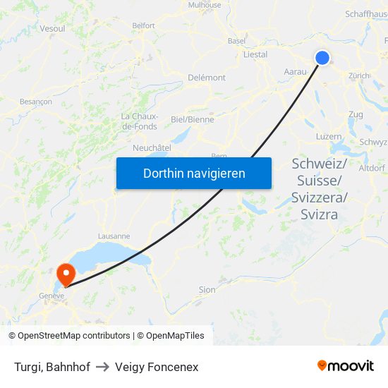 Turgi, Bahnhof to Veigy Foncenex map