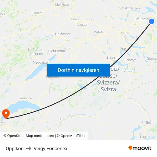 Oppikon to Veigy Foncenex map