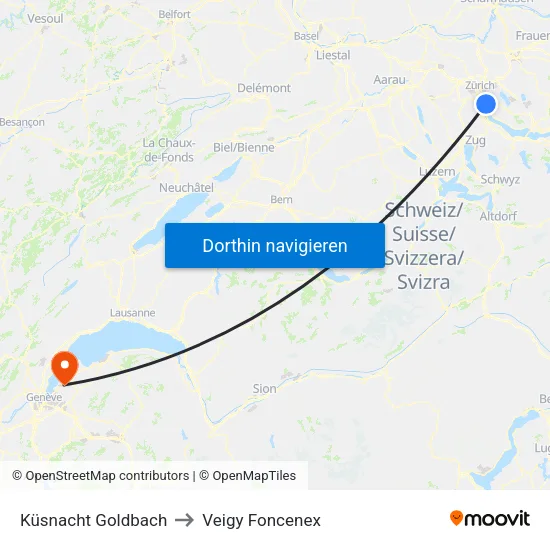 Küsnacht Goldbach to Veigy Foncenex map
