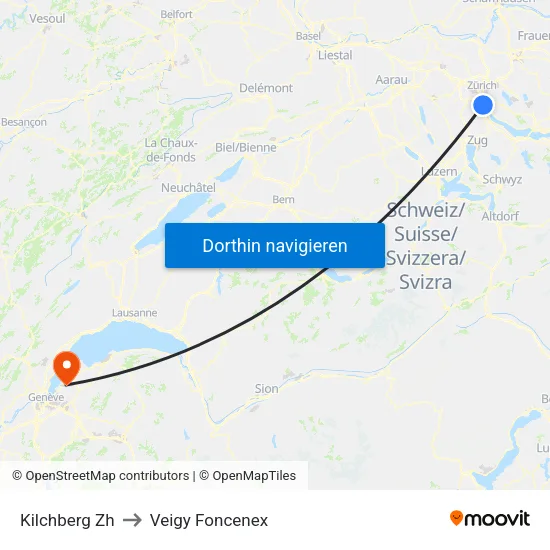 Kilchberg Zh to Veigy Foncenex map